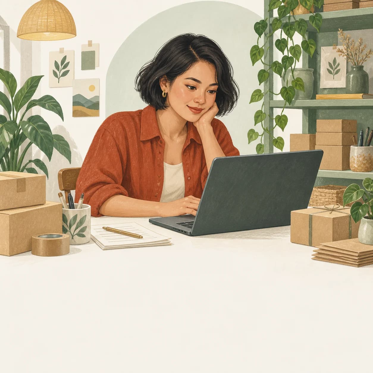 Illustration of a business owner managing orders at their desk.