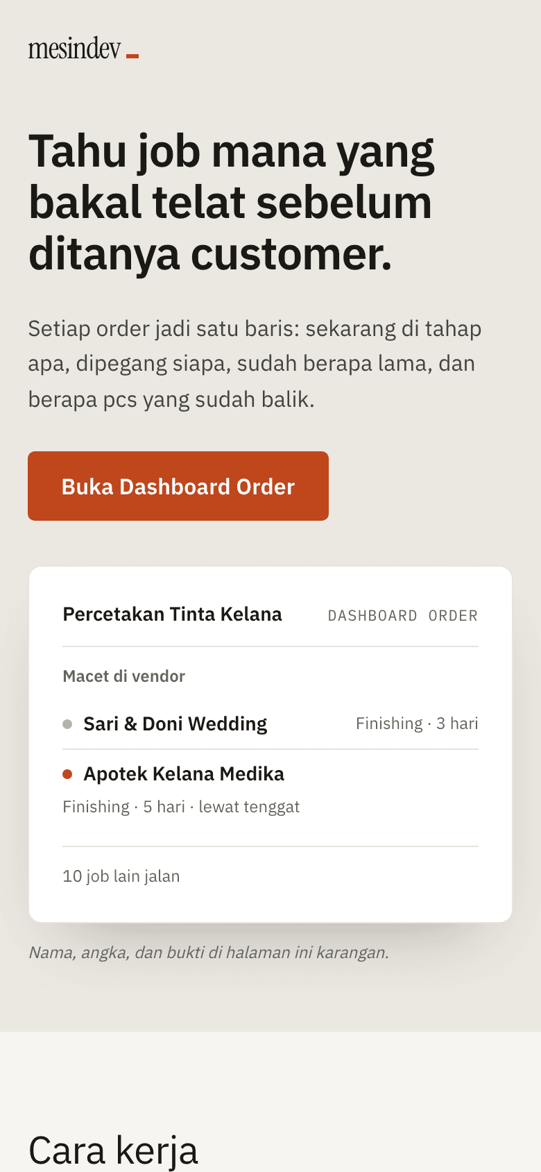 Layar HP contoh sistem Percetakan
